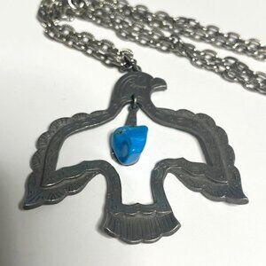 VTG Thunderbird Silver Tone Turquoise Stone Pendant w/Chain 23.5" Necklace